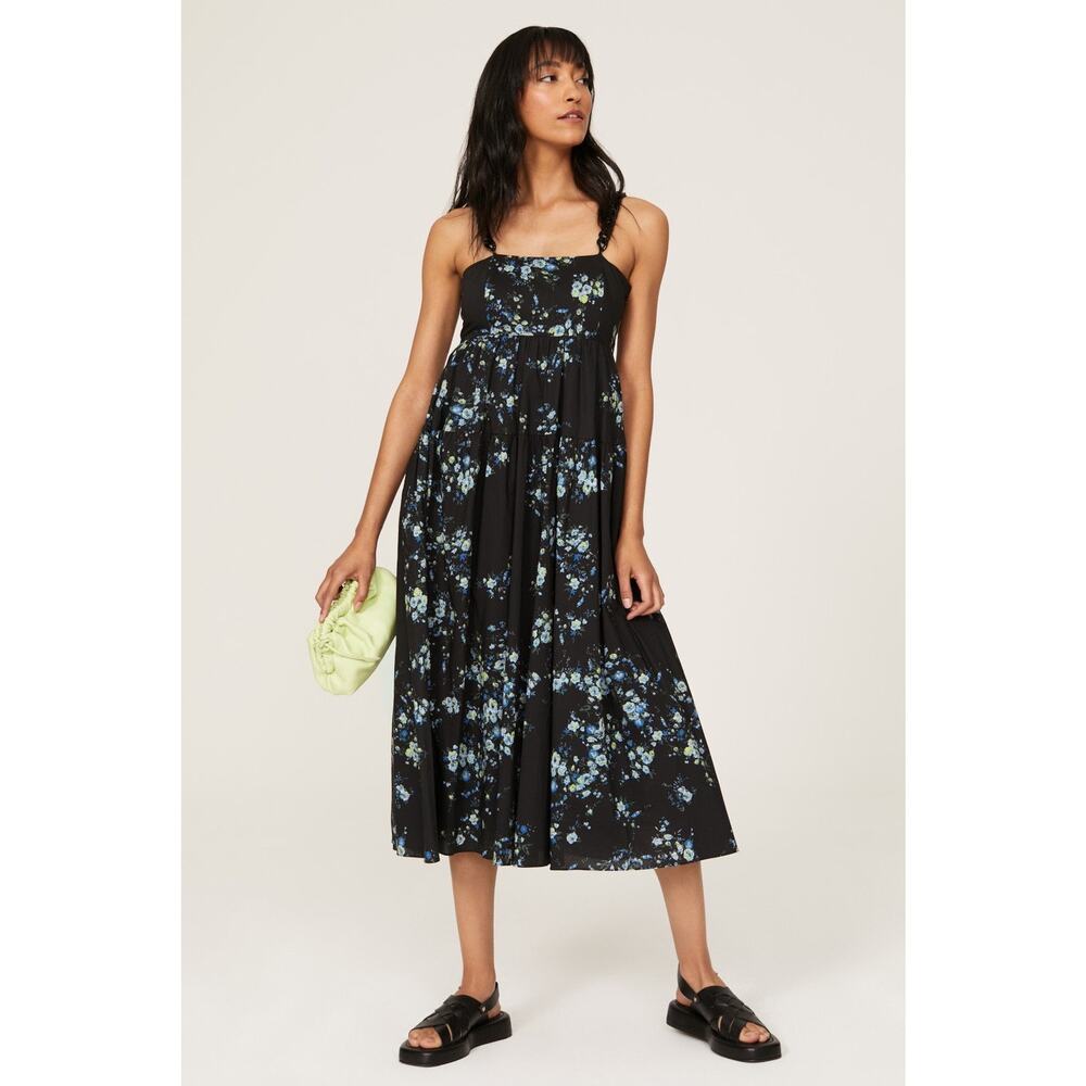 Les Rêveries Black Blue Floral Hourglass Square Neck Strap Midi Dress Size 6